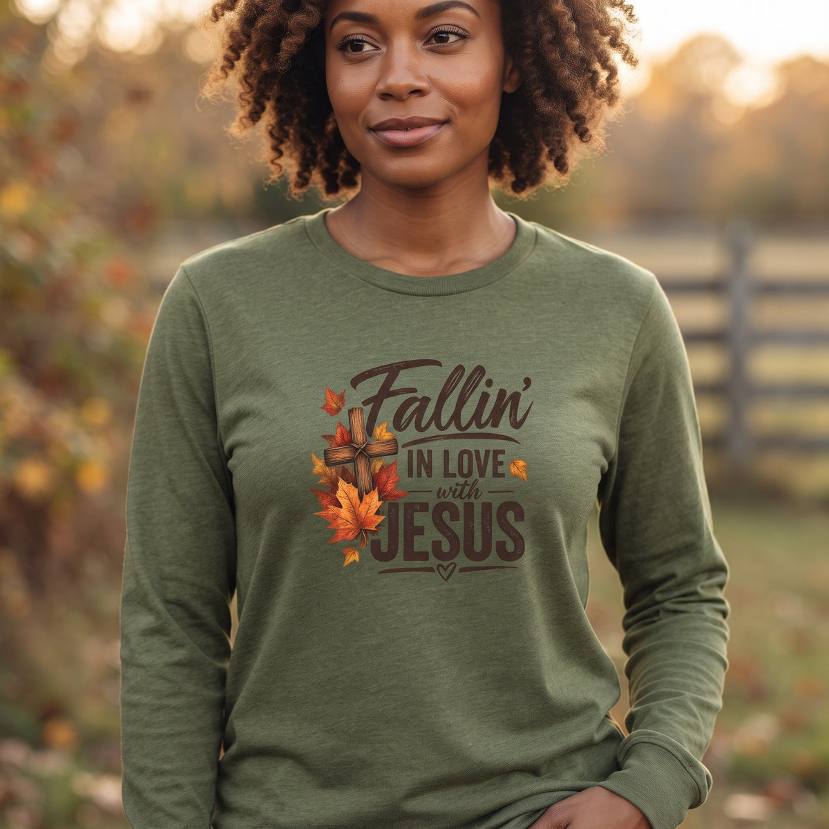 Fallin' In Love With Jesus Long Sleeve Tee — Autumn Christian Faith Shirt