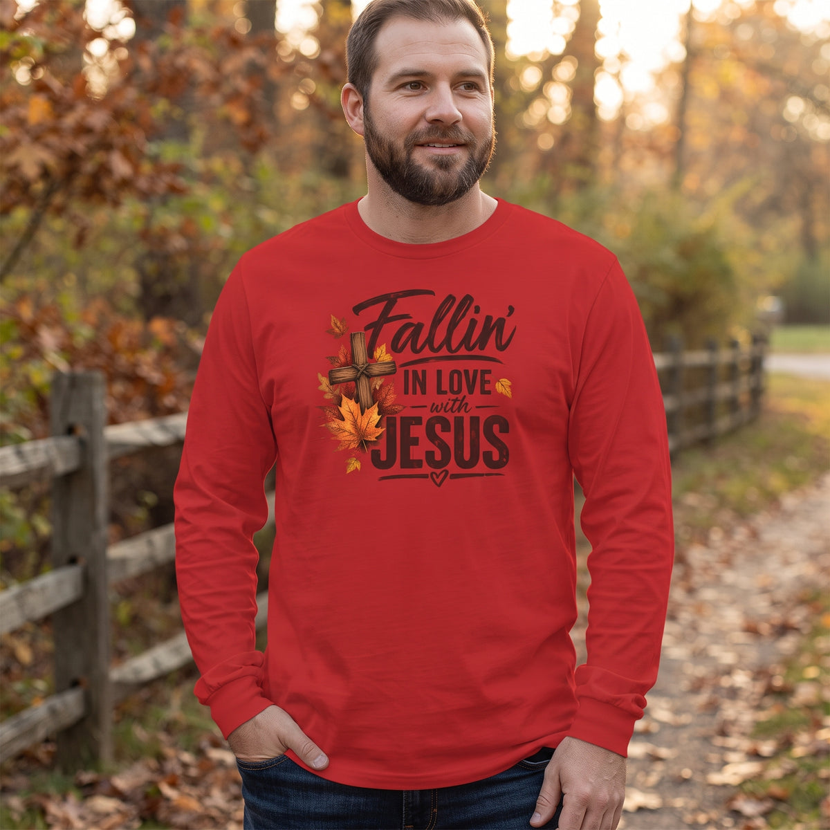 Fallin' In Love With Jesus Long Sleeve Tee — Autumn Christian Faith Shirt