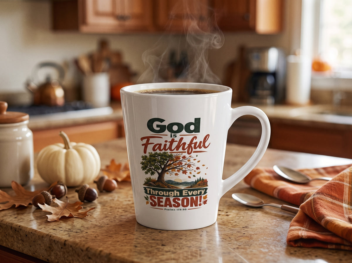 Latte Mug — "God Is Faithful Through Every Season" Christian Faith Coffee Cup