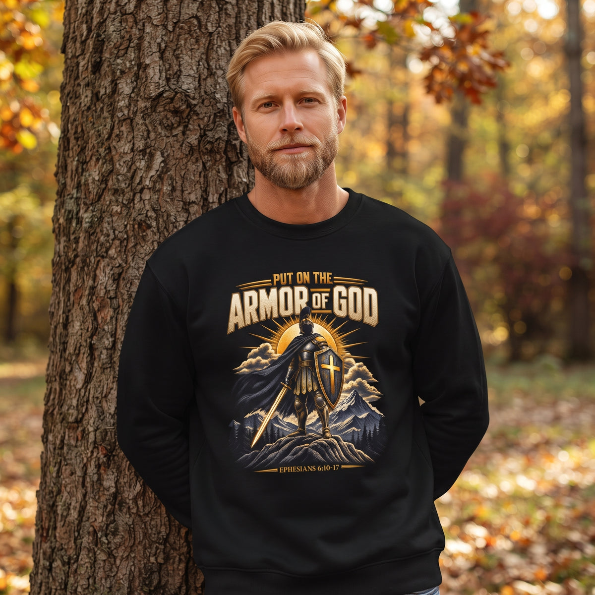 Armor of God Crewneck Sweatshirt – Christian Faith Graphic Pullover (Ephesians 6:11)