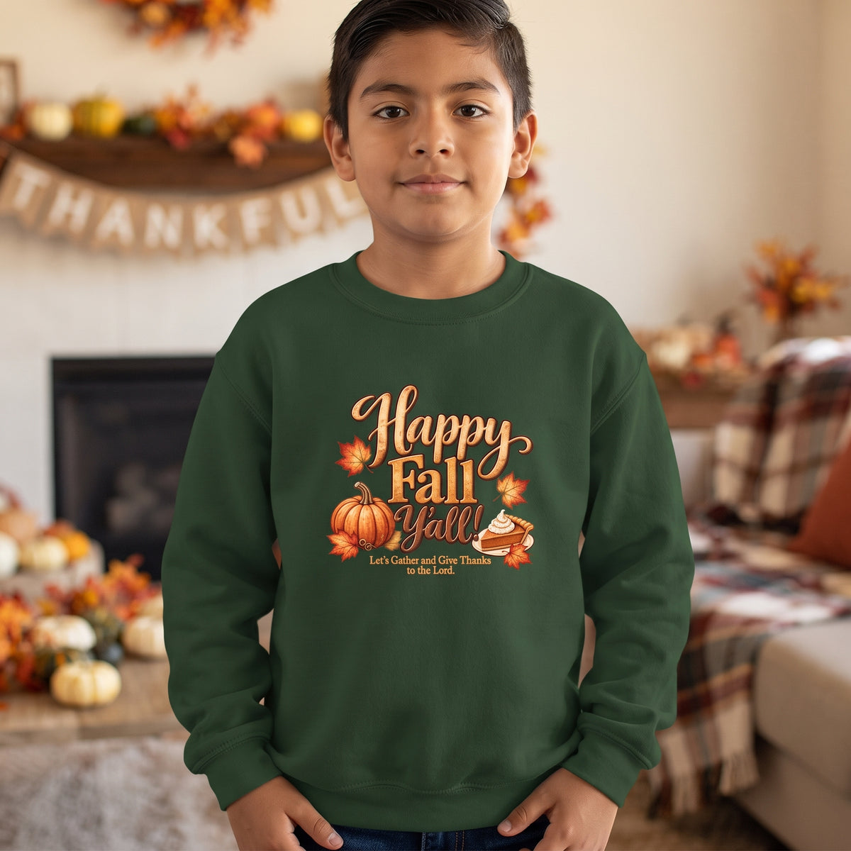 Youth - Happy Fall Y'all! - Let's Gather and Give Thanks to God - Crewneck Thanksgiving Sweatshirt