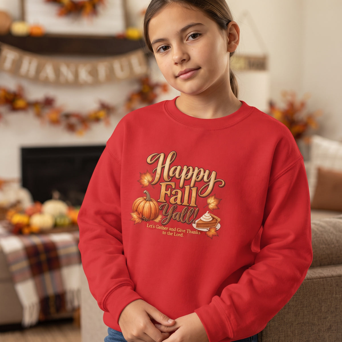 Youth - Happy Fall Y'all! - Let's Gather and Give Thanks to God - Crewneck Thanksgiving Sweatshirt