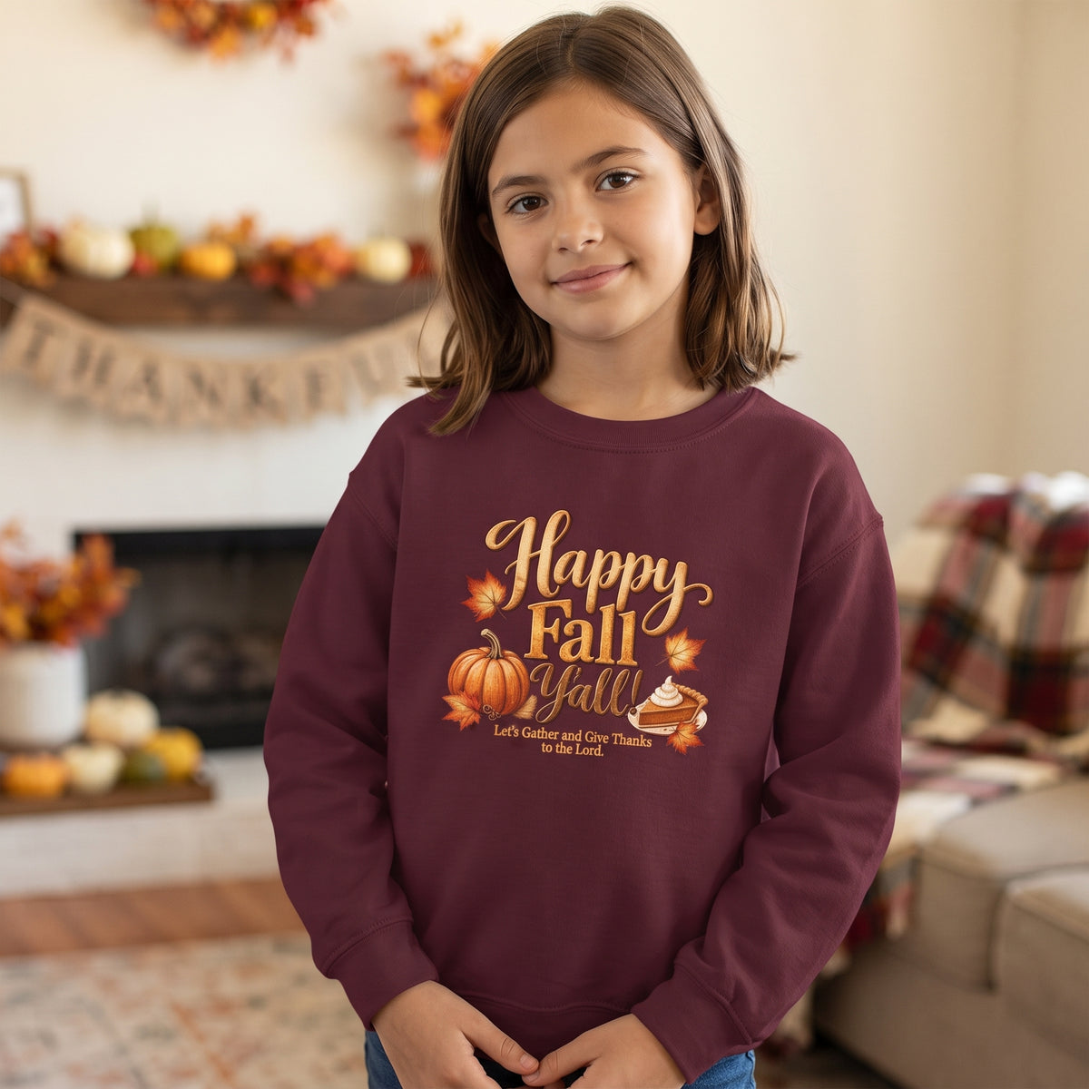 Youth - Happy Fall Y'all! - Let's Gather and Give Thanks to God - Crewneck Thanksgiving Sweatshirt