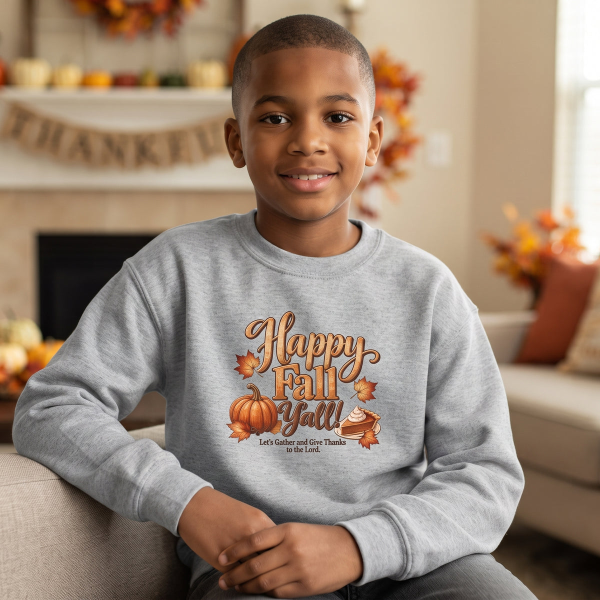 Youth - Happy Fall Y'all! - Let's Gather and Give Thanks to God - Crewneck Thanksgiving Sweatshirt