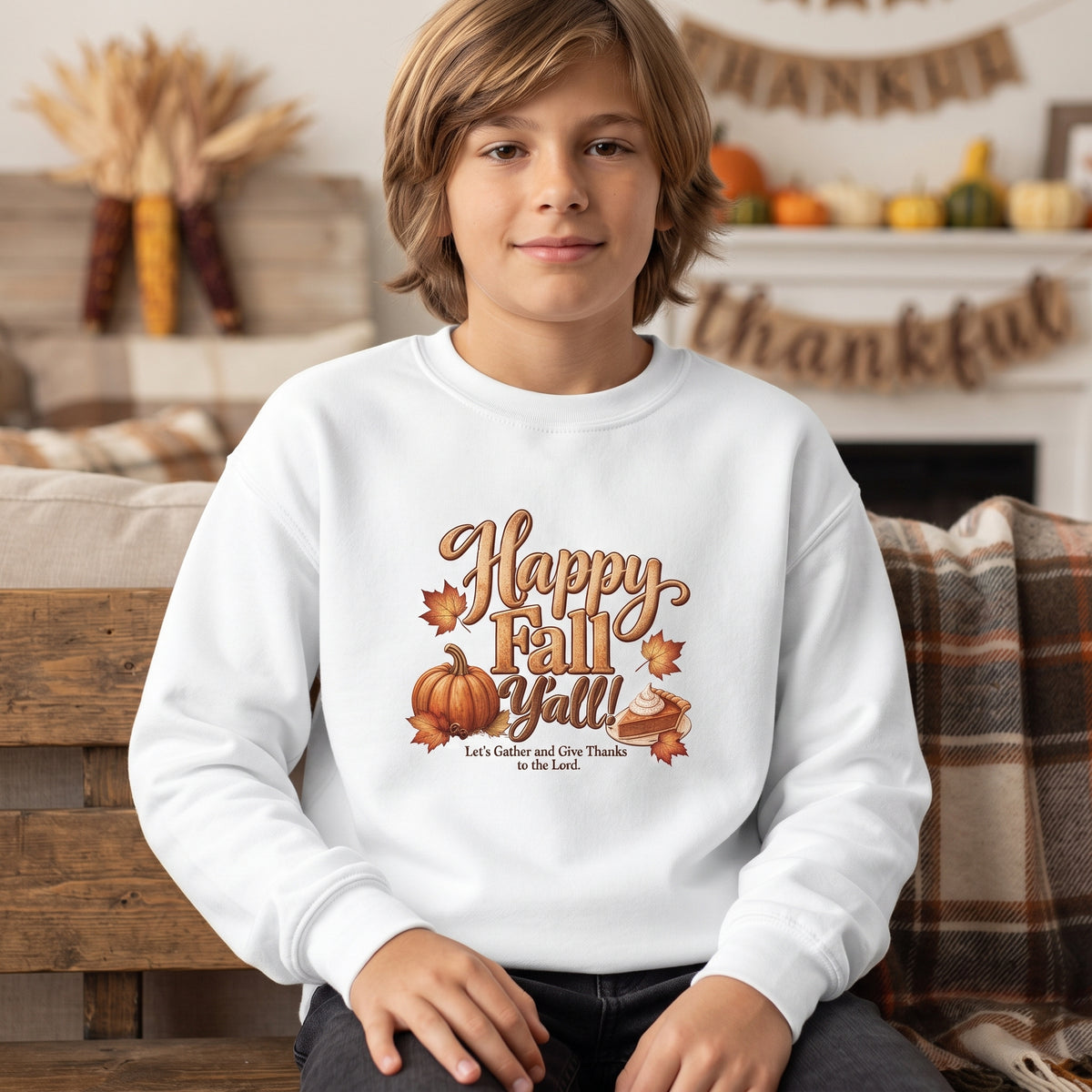 Youth - Happy Fall Y'all! - Let's Gather and Give Thanks to God - Crewneck Thanksgiving Sweatshirt