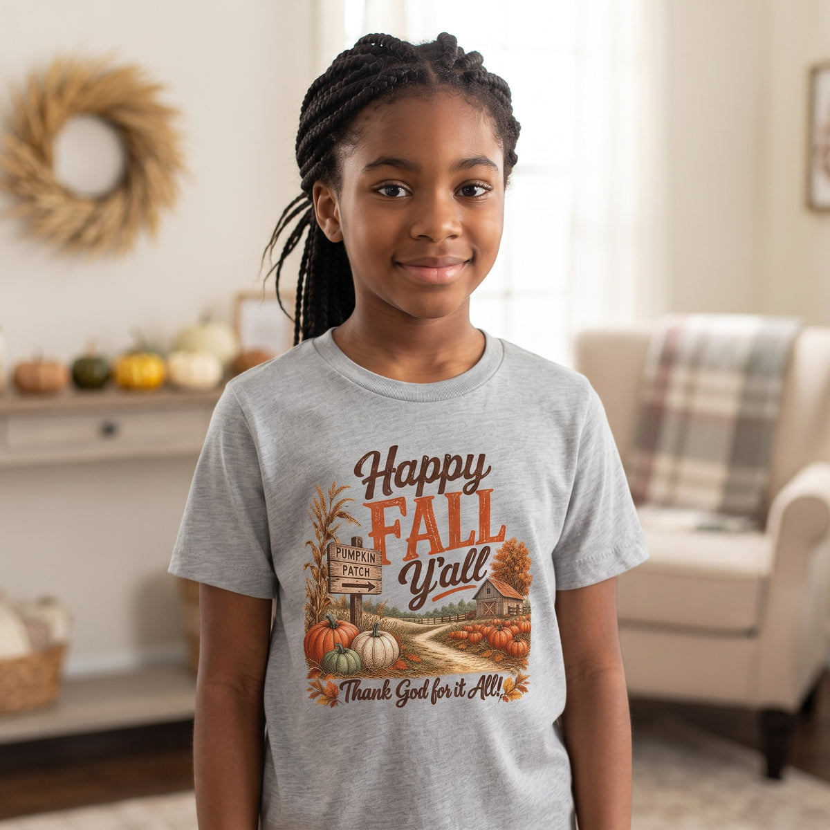 Kids - Happy Fall Y’all!  - Thank God for it All! - Autumn Leaves Pumpkin Thanksgiving Tee