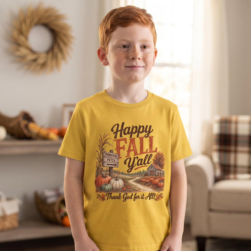 Kids - Happy Fall Y’all!  - Thank God for it All! - Autumn Leaves Pumpkin Thanksgiving Tee