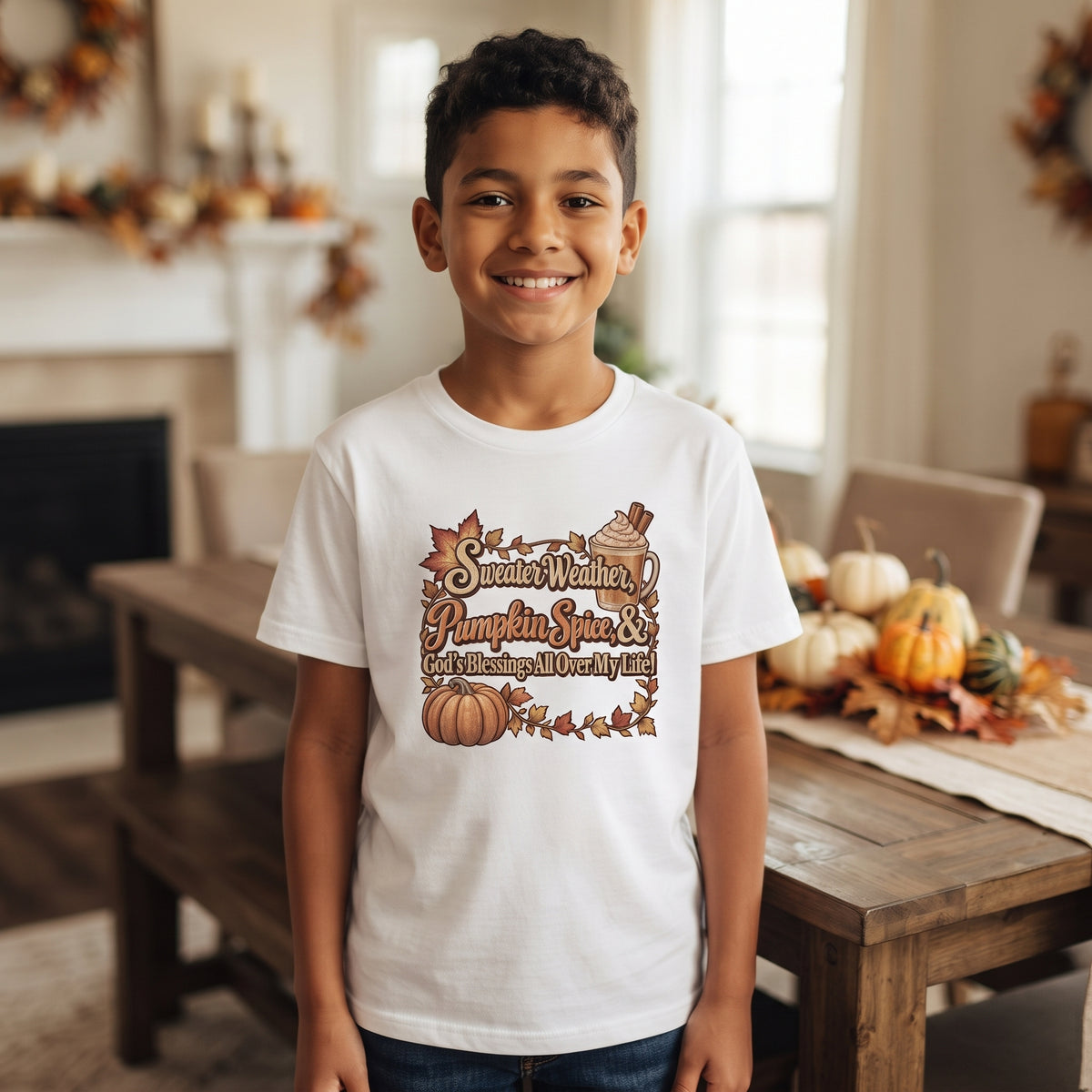 Kids — "Sweater Weather, Pumpkin Spice, & God's Blessings All Over My Life!" - Autumn Thanksgiving Graphic Tee