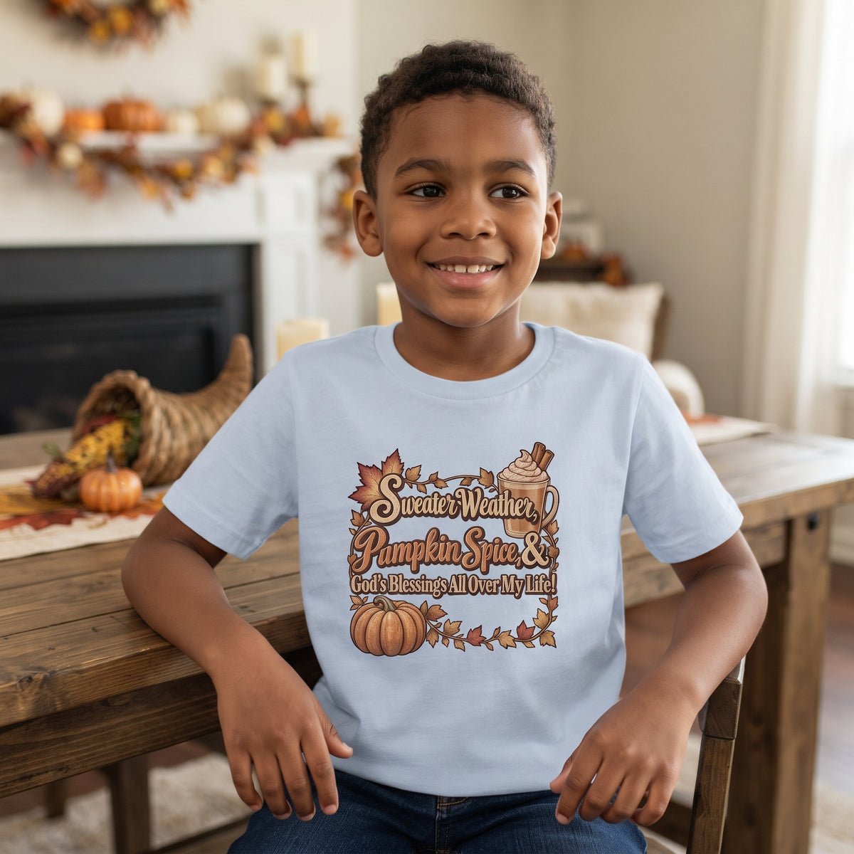 Kids — "Sweater Weather, Pumpkin Spice, & God's Blessings All Over My Life!" - Autumn Thanksgiving Graphic Tee