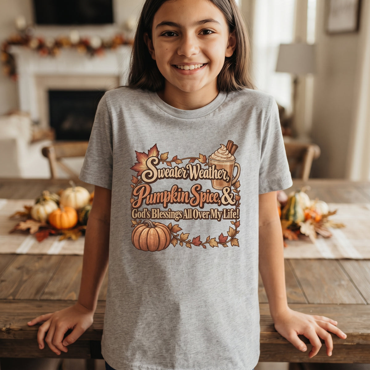 Kids — "Sweater Weather, Pumpkin Spice, & God's Blessings All Over My Life!" - Autumn Thanksgiving Graphic Tee