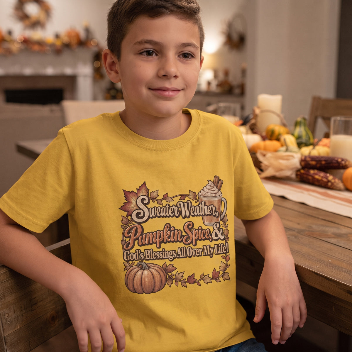 Kids — "Sweater Weather, Pumpkin Spice, & God's Blessings All Over My Life!" - Autumn Thanksgiving Graphic Tee