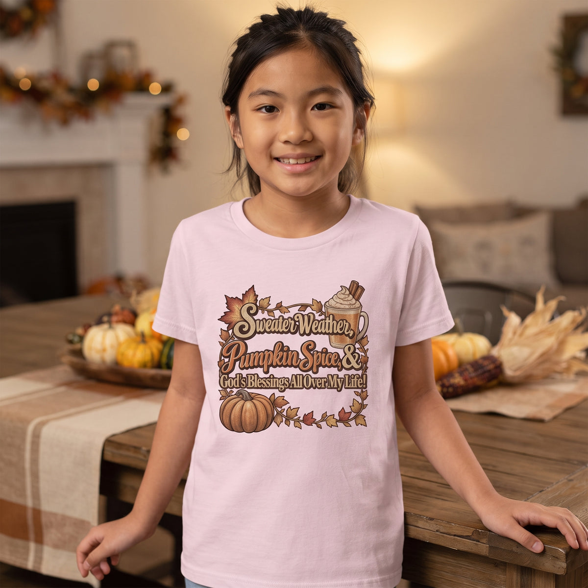Kids — "Sweater Weather, Pumpkin Spice, & God's Blessings All Over My Life!" - Autumn Thanksgiving Graphic Tee