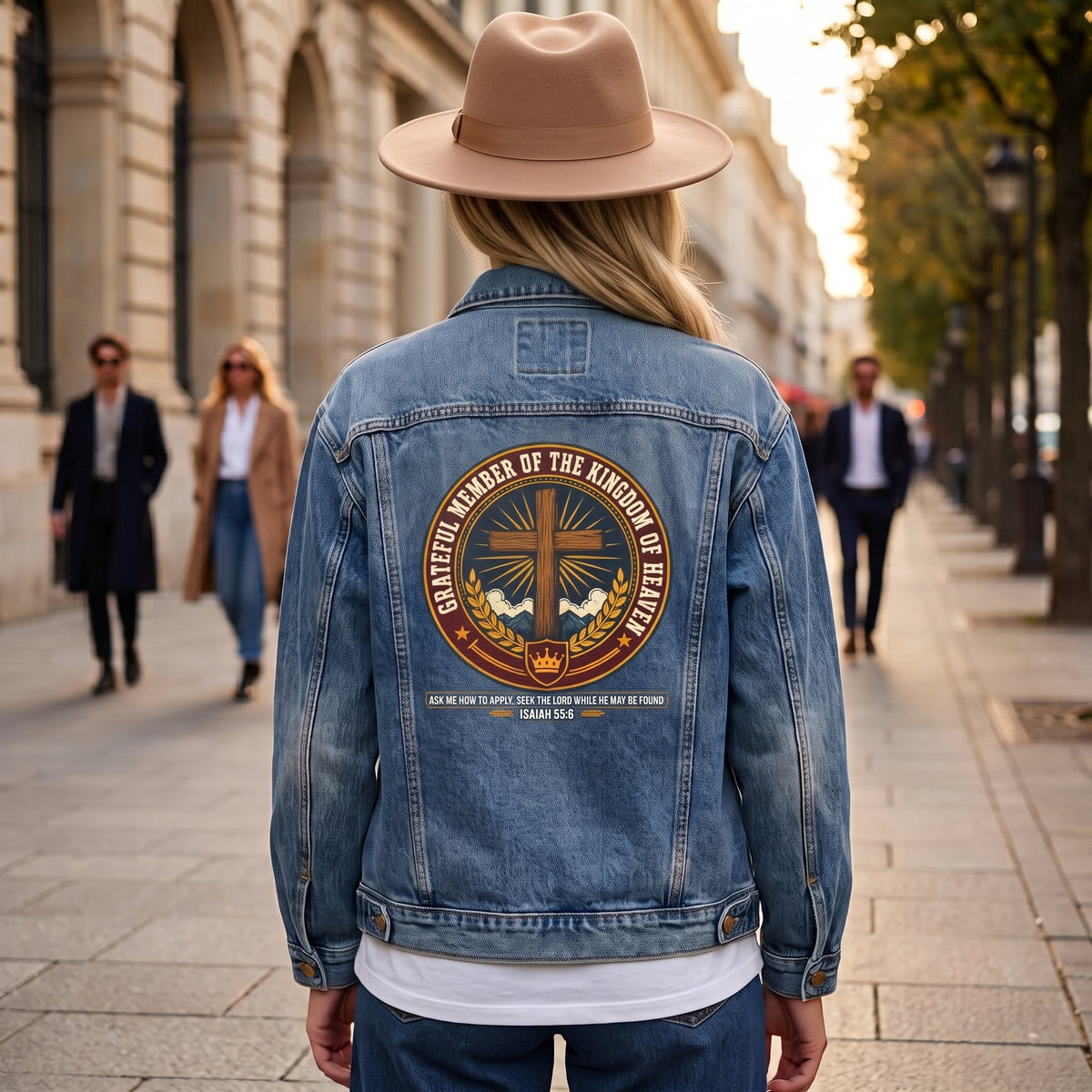 Faith Cross Women's Denim Jacket — 'Member of the Kingdom of Heaven' Back Patch