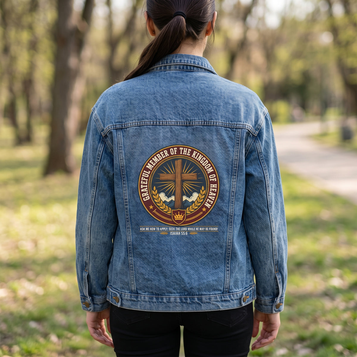 Faith Cross Women's Denim Jacket — 'Member of the Kingdom of Heaven' Back Patch