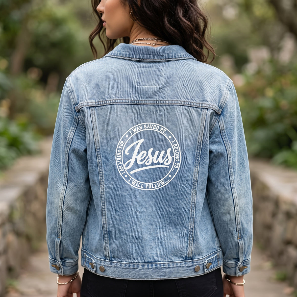 Women's Denim Jacket – 'Jesus - I Will Follow...' Faith Graphic Back Logo, Christian Spiritual Jacket