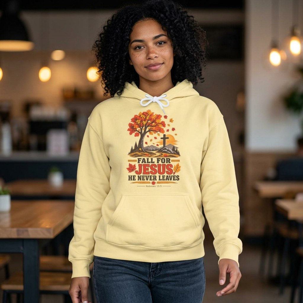 Fall for Jesus Hoodie — 'He Never Leaves' Autumn Christian Sweatshirt