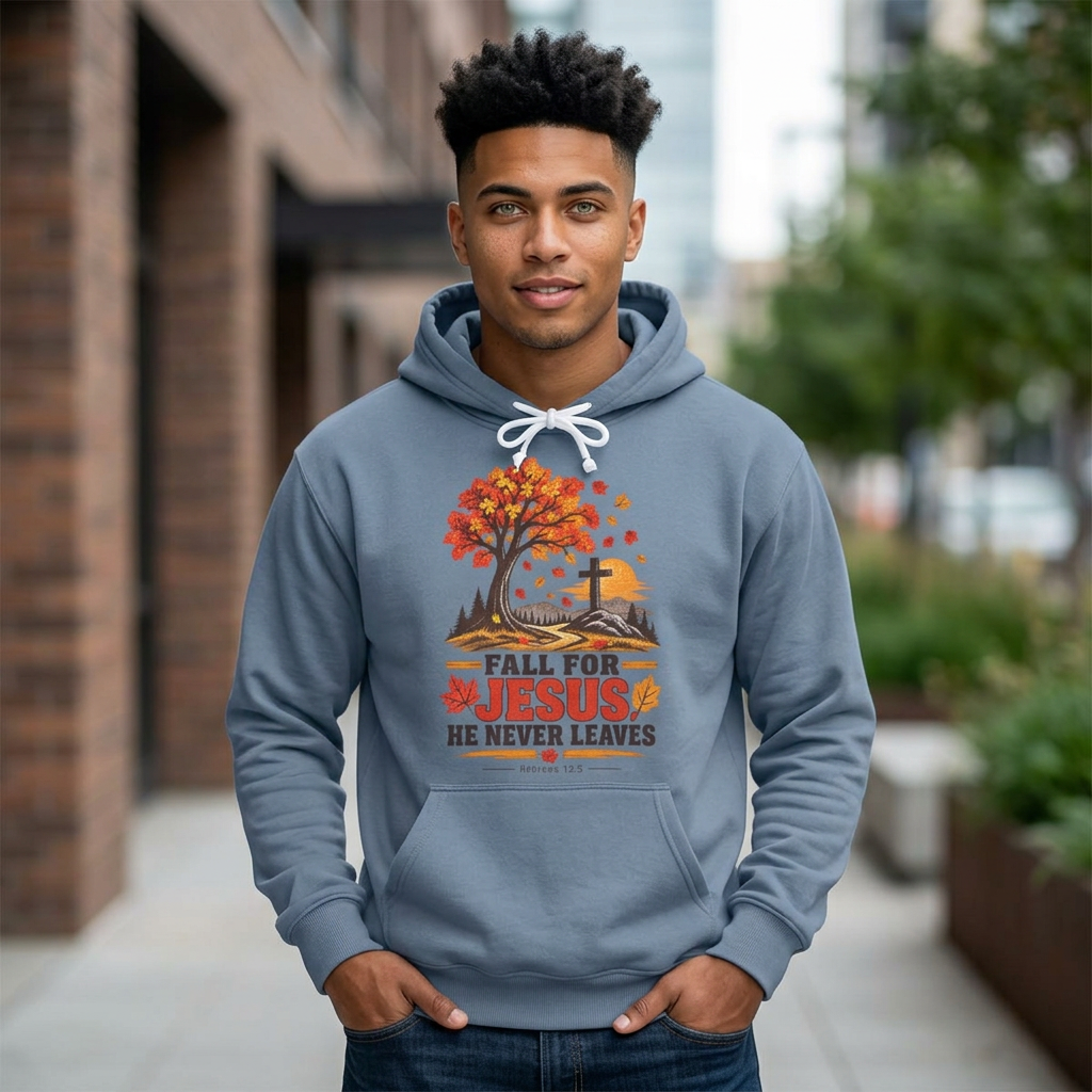 Fall for Jesus Hoodie — 'He Never Leaves' Autumn Christian Sweatshirt