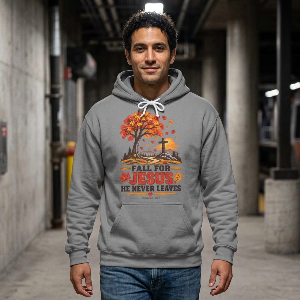 Fall for Jesus Hoodie — 'He Never Leaves' Autumn Christian Sweatshirt