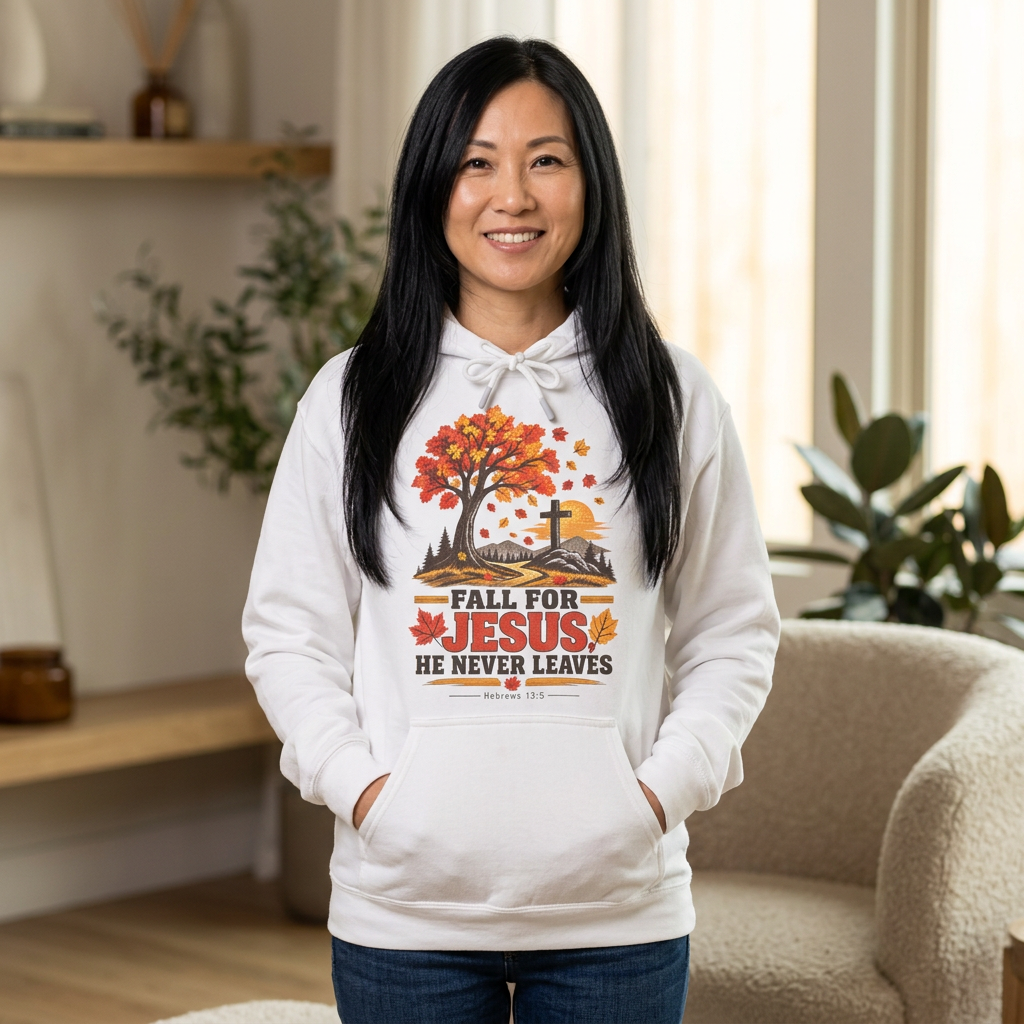 Fall for Jesus Hoodie — 'He Never Leaves' Autumn Christian Sweatshirt