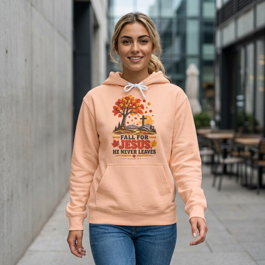 Fall for Jesus Hoodie — 'He Never Leaves' Autumn Christian Sweatshirt