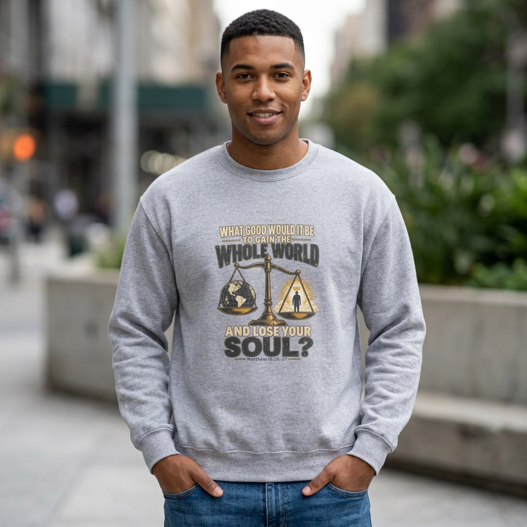 What Good Is It to Gain the Whole World and Loose Your Soul - Inspirational Scales Graphic Crewneck Sweatshirt
