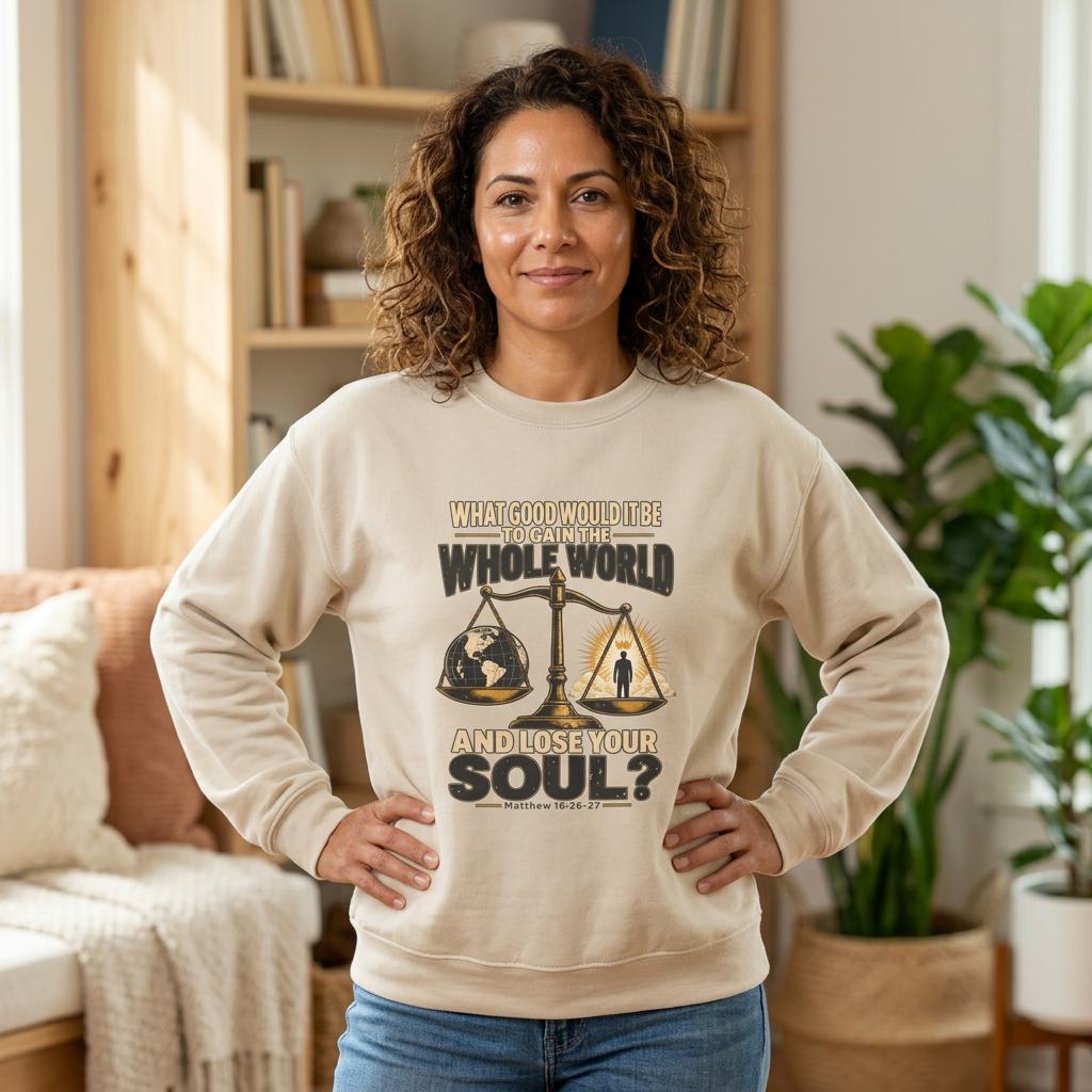 What Good Is It to Gain the Whole World and Loose Your Soul - Inspirational Scales Graphic Crewneck Sweatshirt