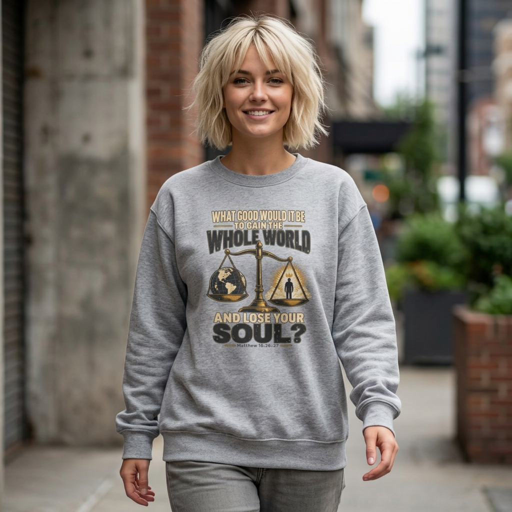 What Good Is It to Gain the Whole World and Loose Your Soul - Inspirational Scales Graphic Crewneck Sweatshirt