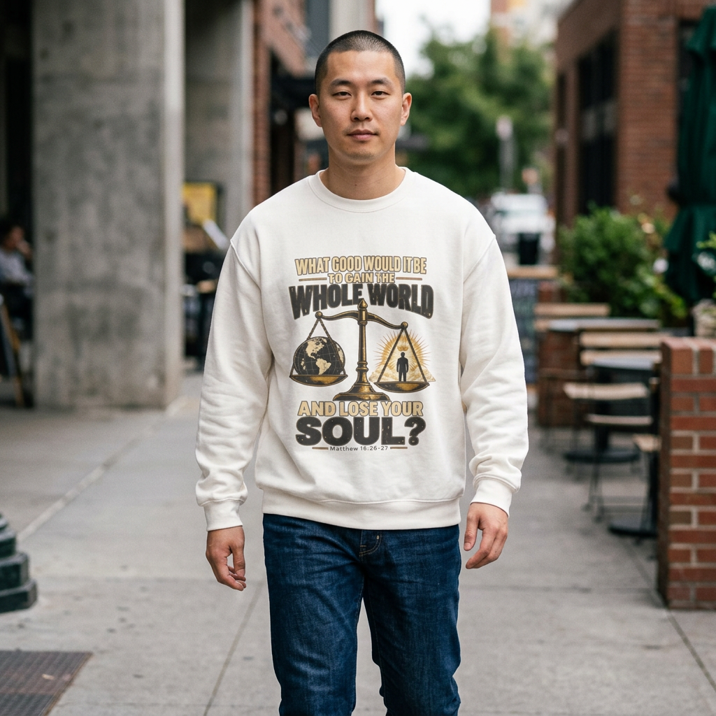 What Good Is It to Gain the Whole World and Loose Your Soul - Inspirational Scales Graphic Crewneck Sweatshirt