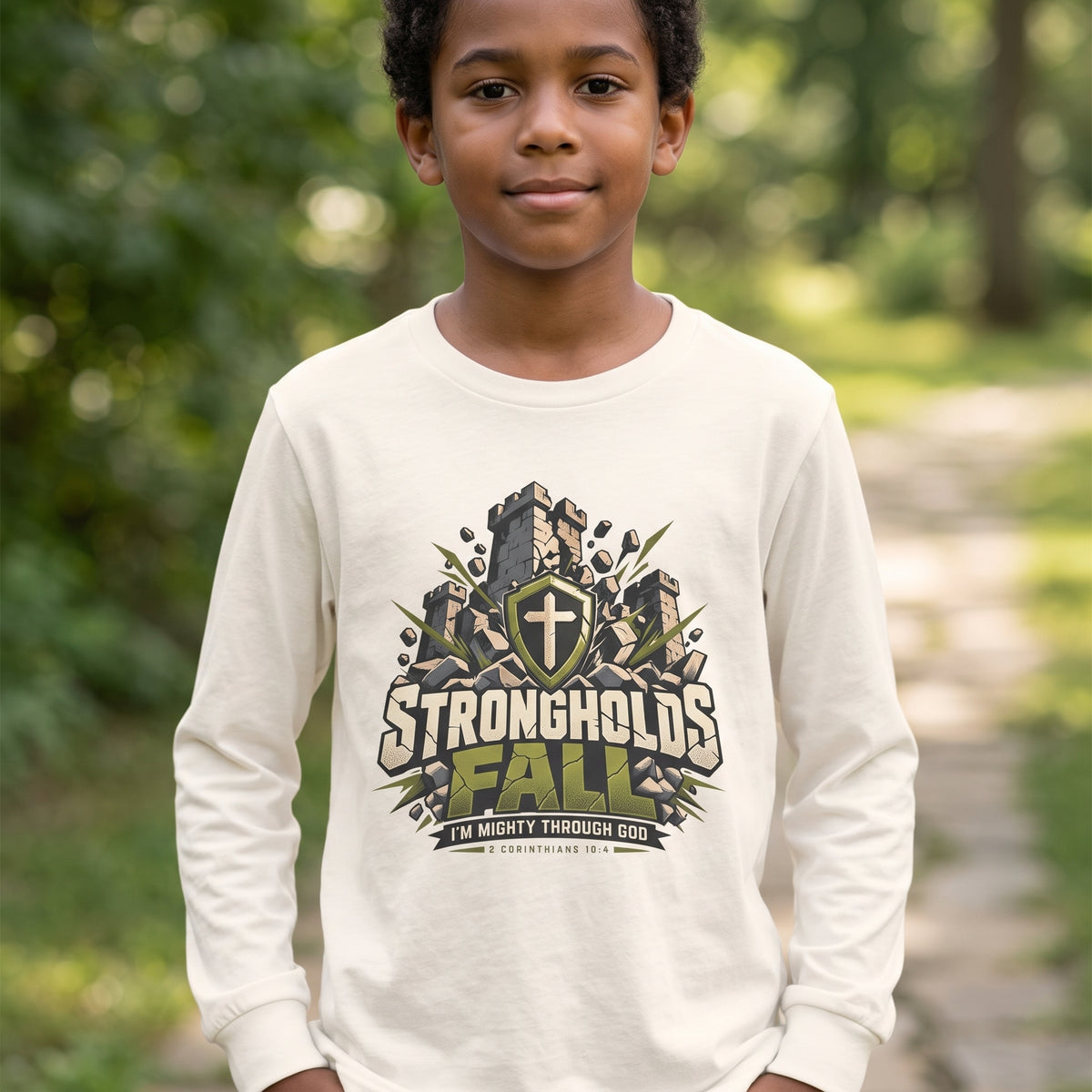 Youth  - Strongholds Fall Long Sleeve Tee — Christian Shield Graphic T-Shirt