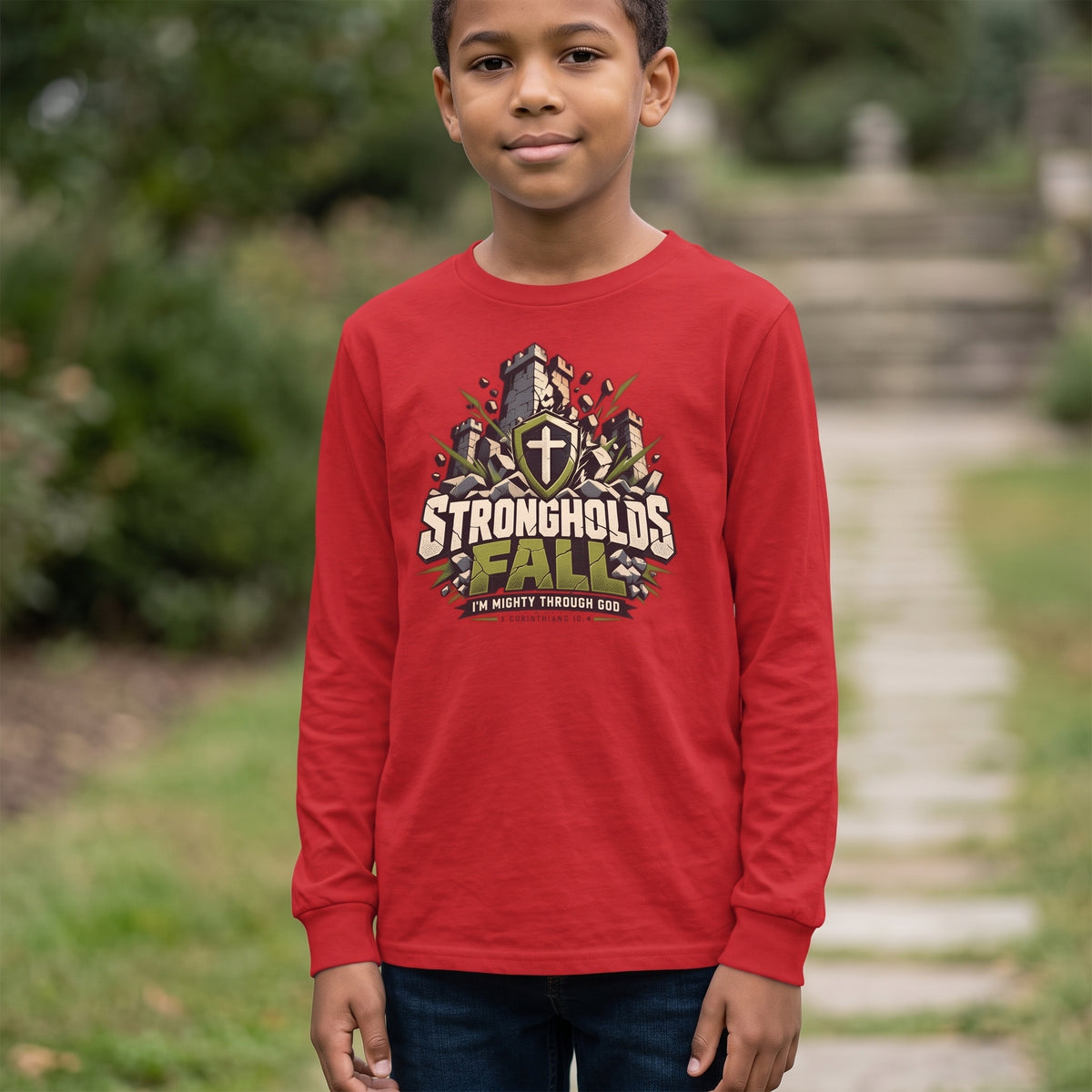Youth  - Strongholds Fall Long Sleeve Tee — Christian Shield Graphic T-Shirt