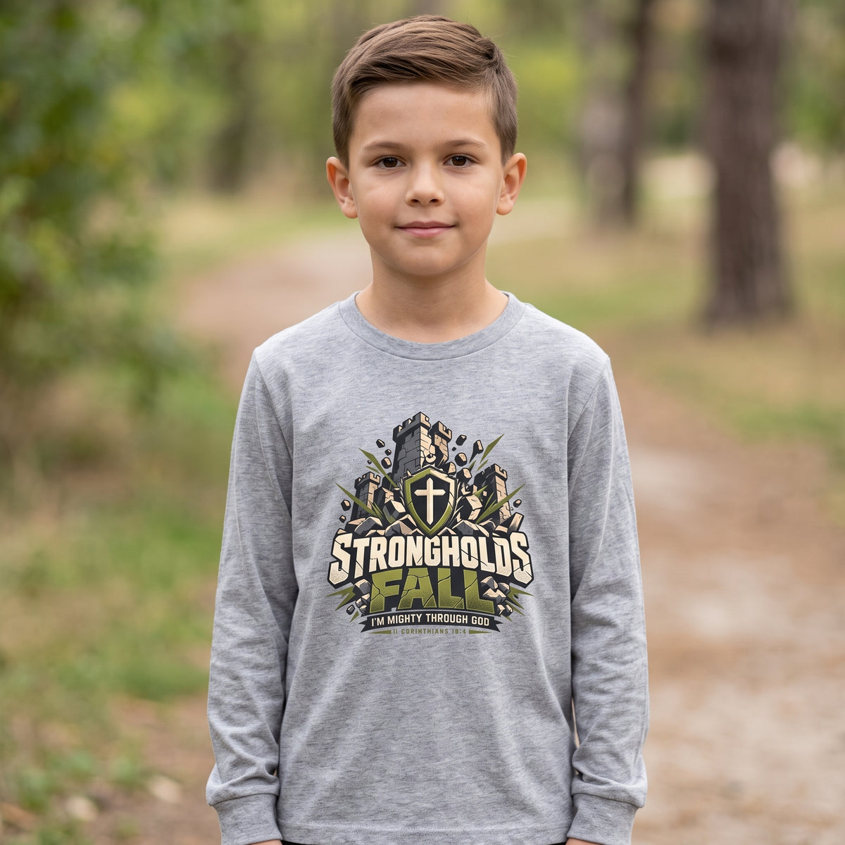 Youth  - Strongholds Fall Long Sleeve Tee — Christian Shield Graphic T-Shirt