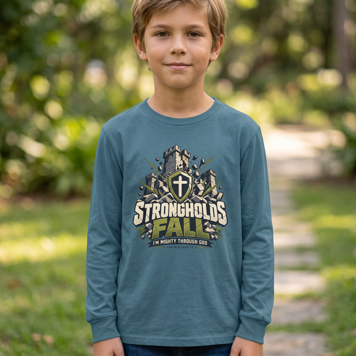 Youth  - Strongholds Fall Long Sleeve Tee — Christian Shield Graphic T-Shirt