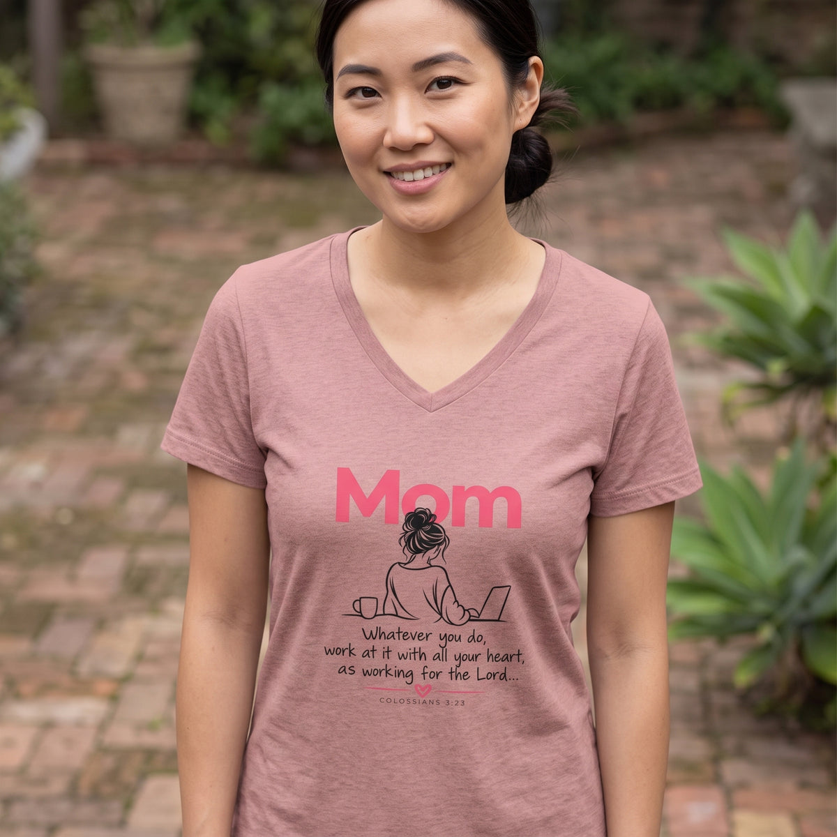 Mom  - Whatever You Do, Do it As Unto the Lord V-Neck Tee — Graphic Casual Everyday Shirt for Mothers