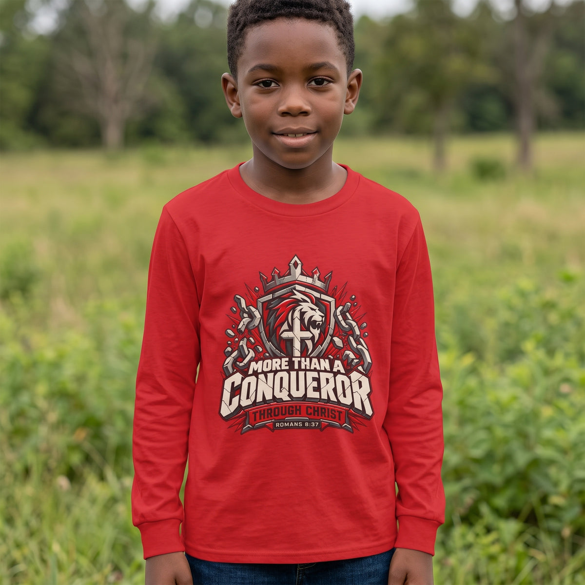 Youth  - More Than A Conqueror -  Christian Faith Shield Design Long Sleeve Tee