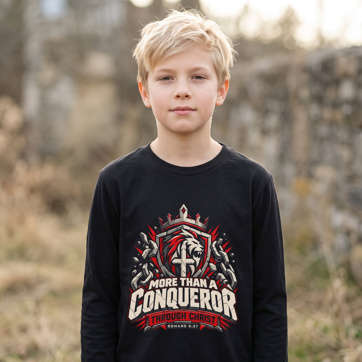 Youth  - More Than A Conqueror -  Christian Faith Shield Design Long Sleeve Tee