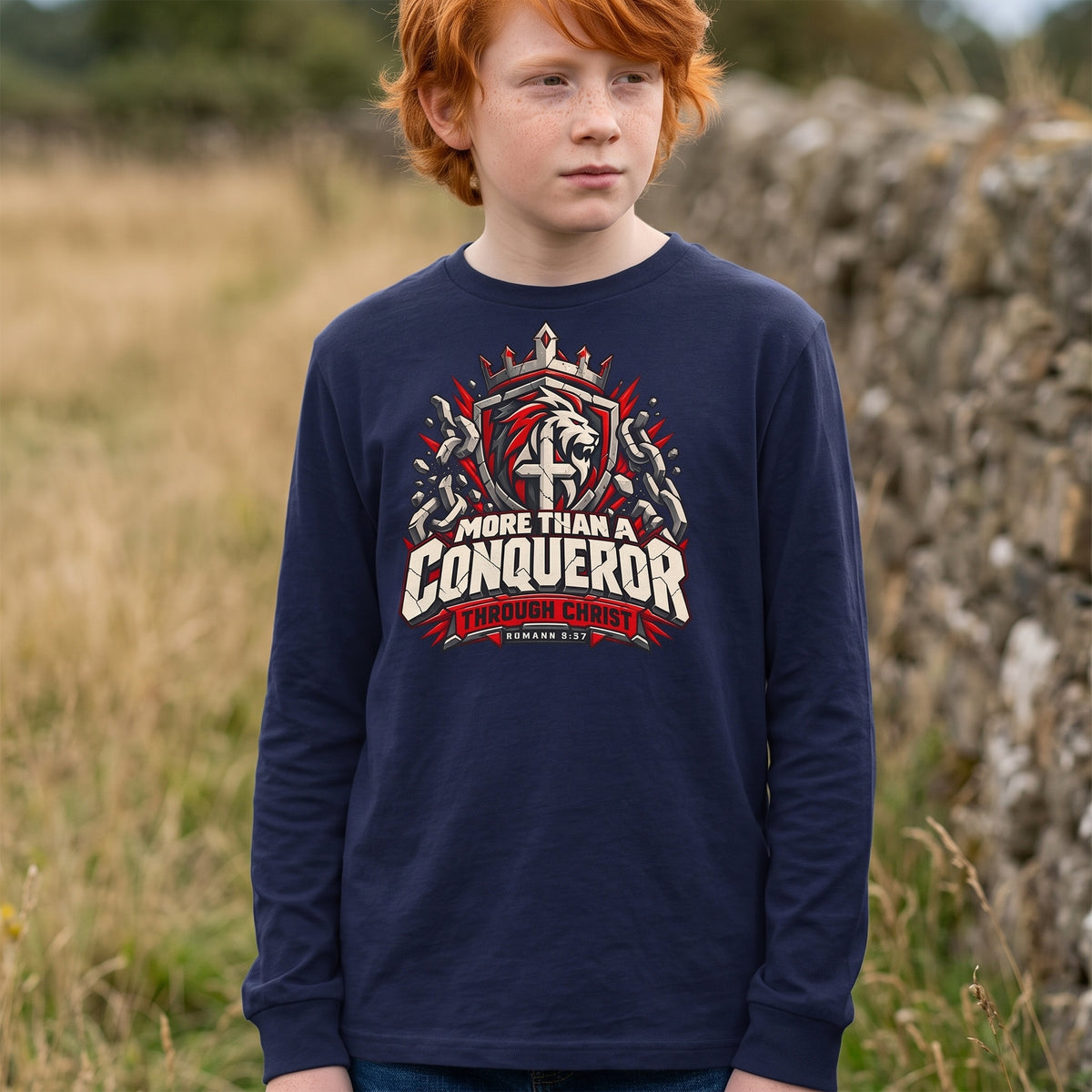 Youth  - More Than A Conqueror -  Christian Faith Shield Design Long Sleeve Tee