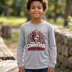 Youth  - More Than A Conqueror -  Christian Faith Shield Design Long Sleeve Tee