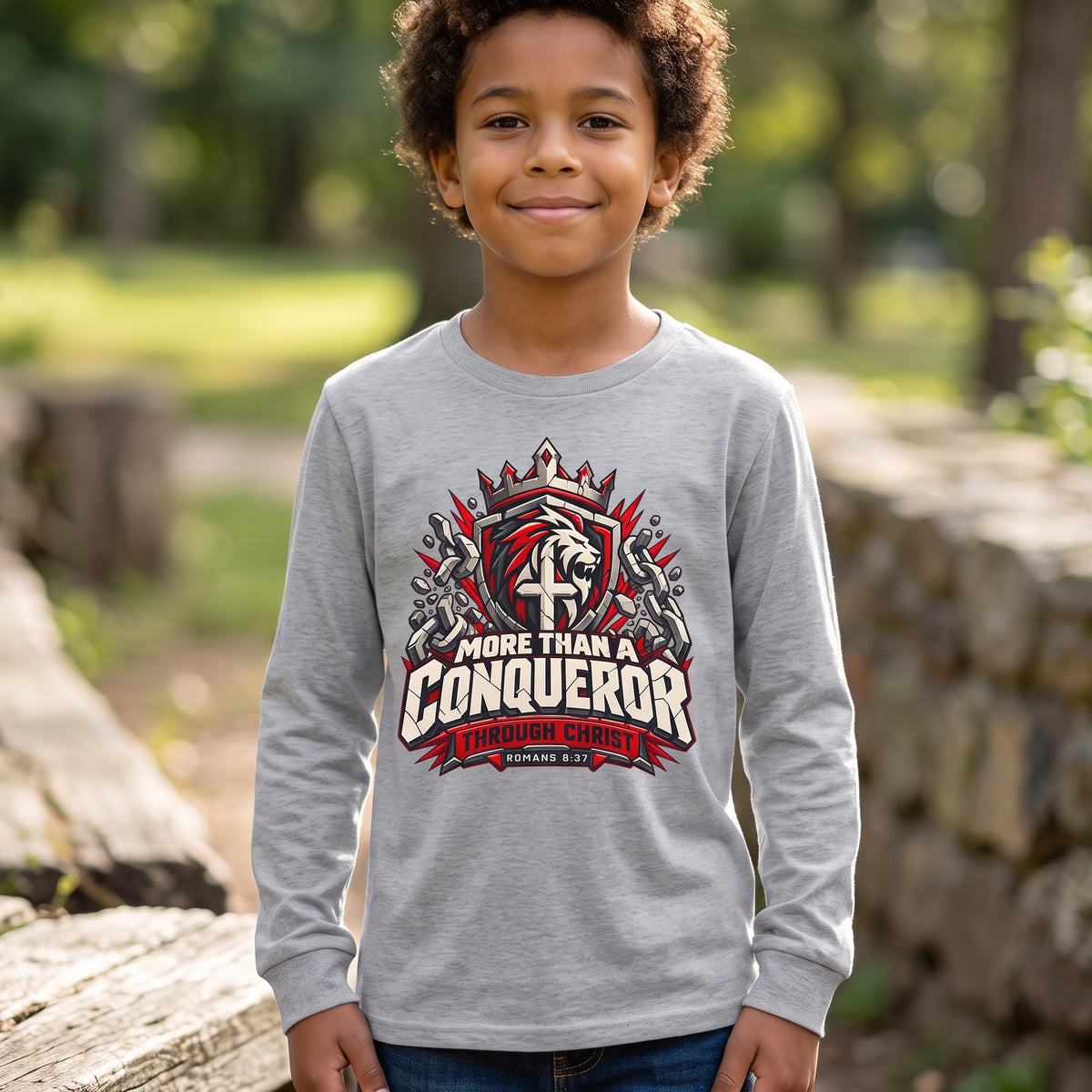 Youth  - More Than A Conqueror -  Christian Faith Shield Design Long Sleeve Tee
