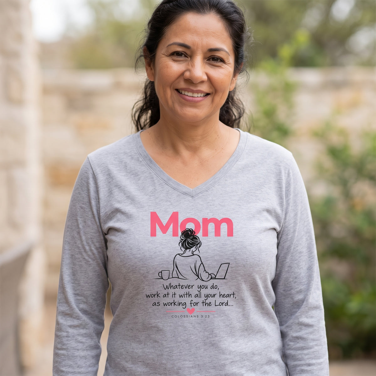 Mom: Whatever you do, work at it as Unto the Lord - Inspirational Mother's Day Mom V‑Neck Long Sleeve Tee