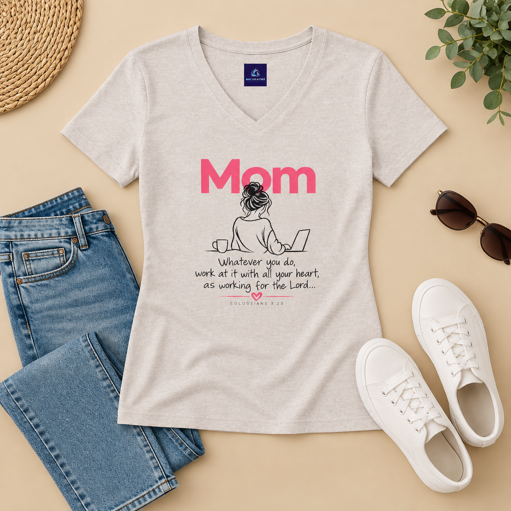 Mom  - Whatever You Do, Do it As Unto the Lord V-Neck Tee — Graphic Casual Everyday Shirt for Mothers