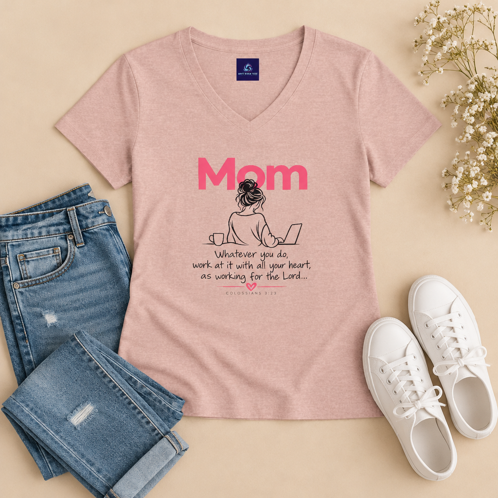 Mom  - Whatever You Do, Do it As Unto the Lord V-Neck Tee — Graphic Casual Everyday Shirt for Mothers