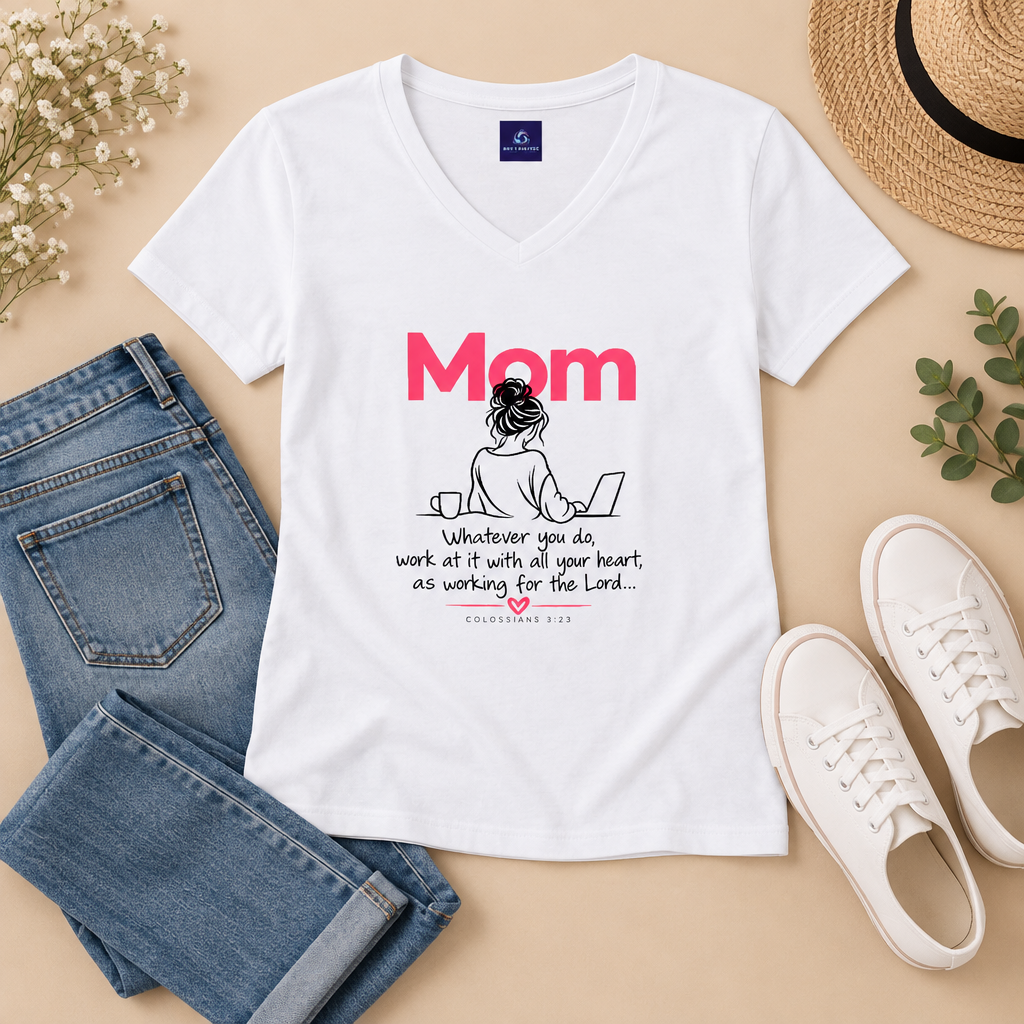 Mom  - Whatever You Do, Do it As Unto the Lord V-Neck Tee — Graphic Casual Everyday Shirt for Mothers