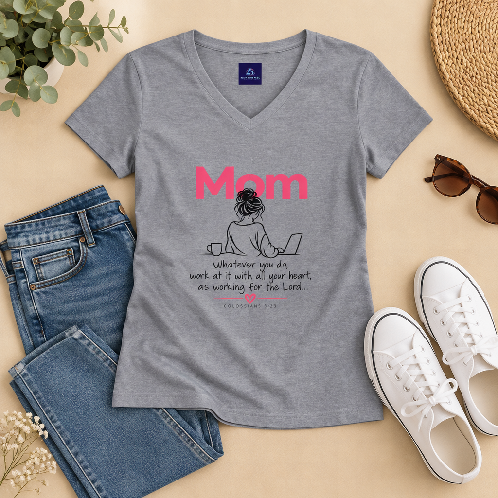 Mom  - Whatever You Do, Do it As Unto the Lord V-Neck Tee — Graphic Casual Everyday Shirt for Mothers