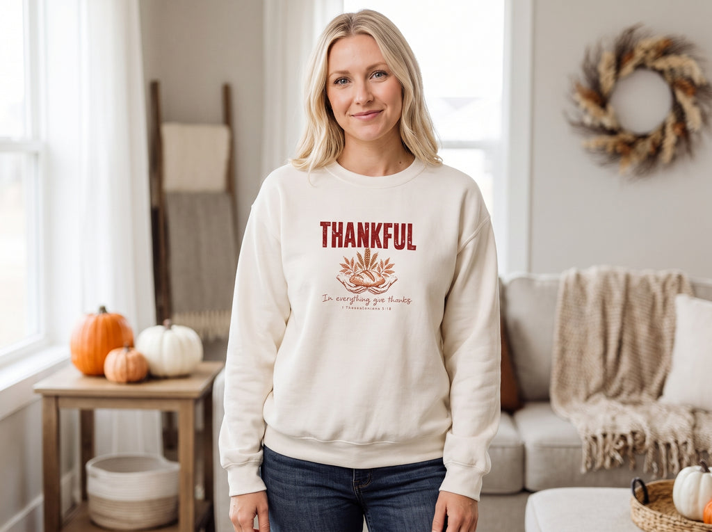 Thankful - 1 Thessalonians 5:18 - Embroidered Thanksgiving Crewneck Sweatshirt
