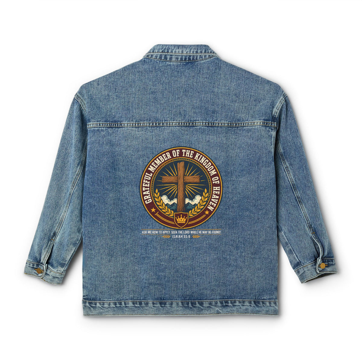 Faith Cross Women's Denim Jacket — 'Member of the Kingdom of Heaven' Back Patch