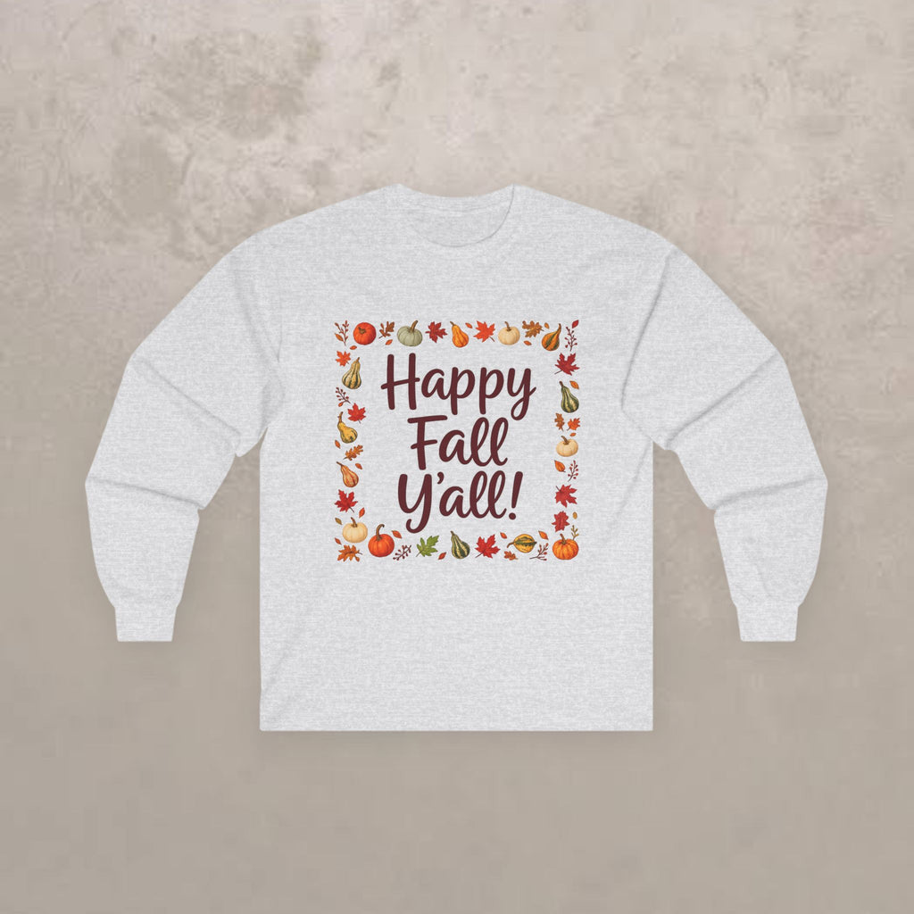 Adult - Happy Fall Y'all - Autumn Leaves Pumpkin Long Sleeve Tee