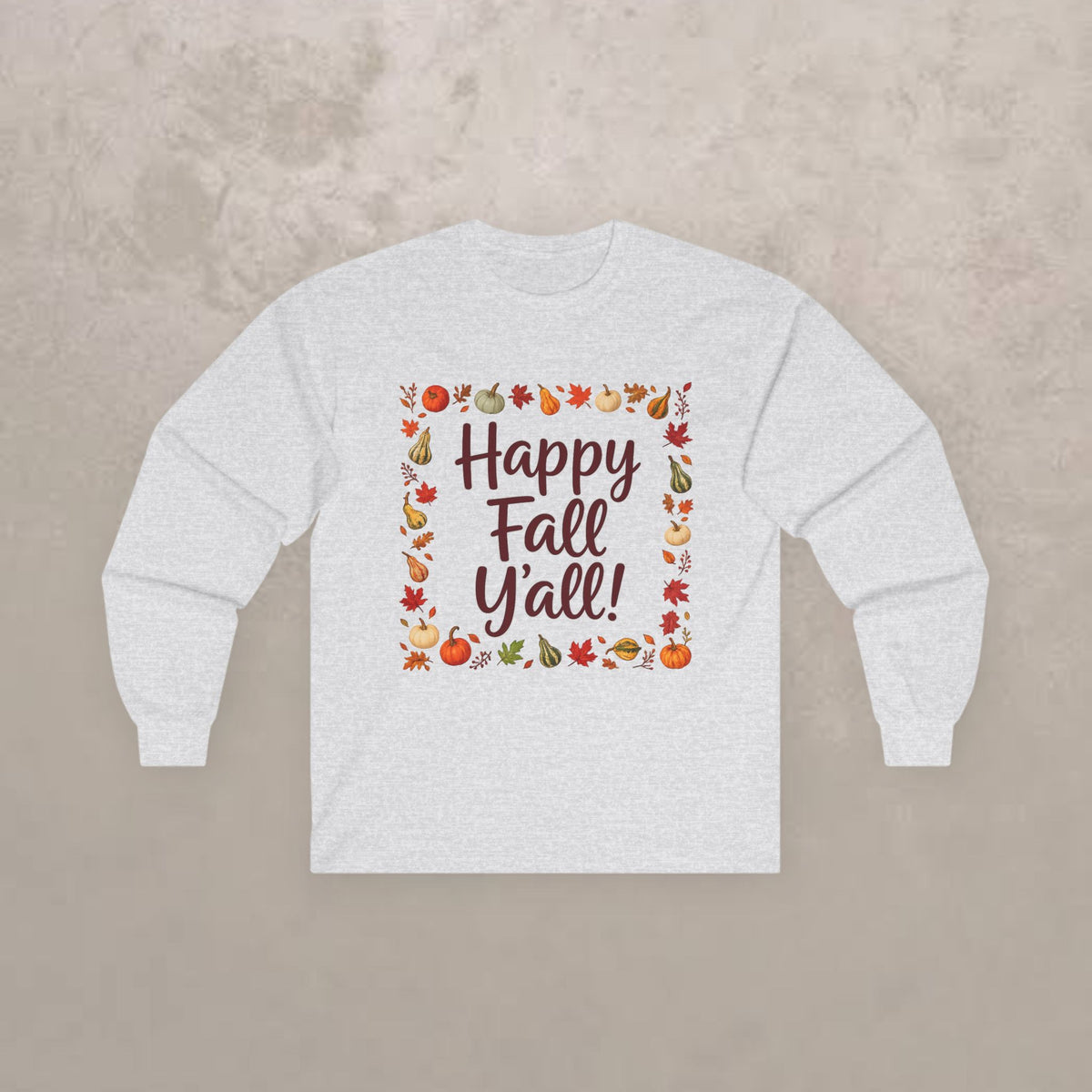 Adult - Happy Fall Y'all - Autumn Leaves Pumpkin Long Sleeve Tee