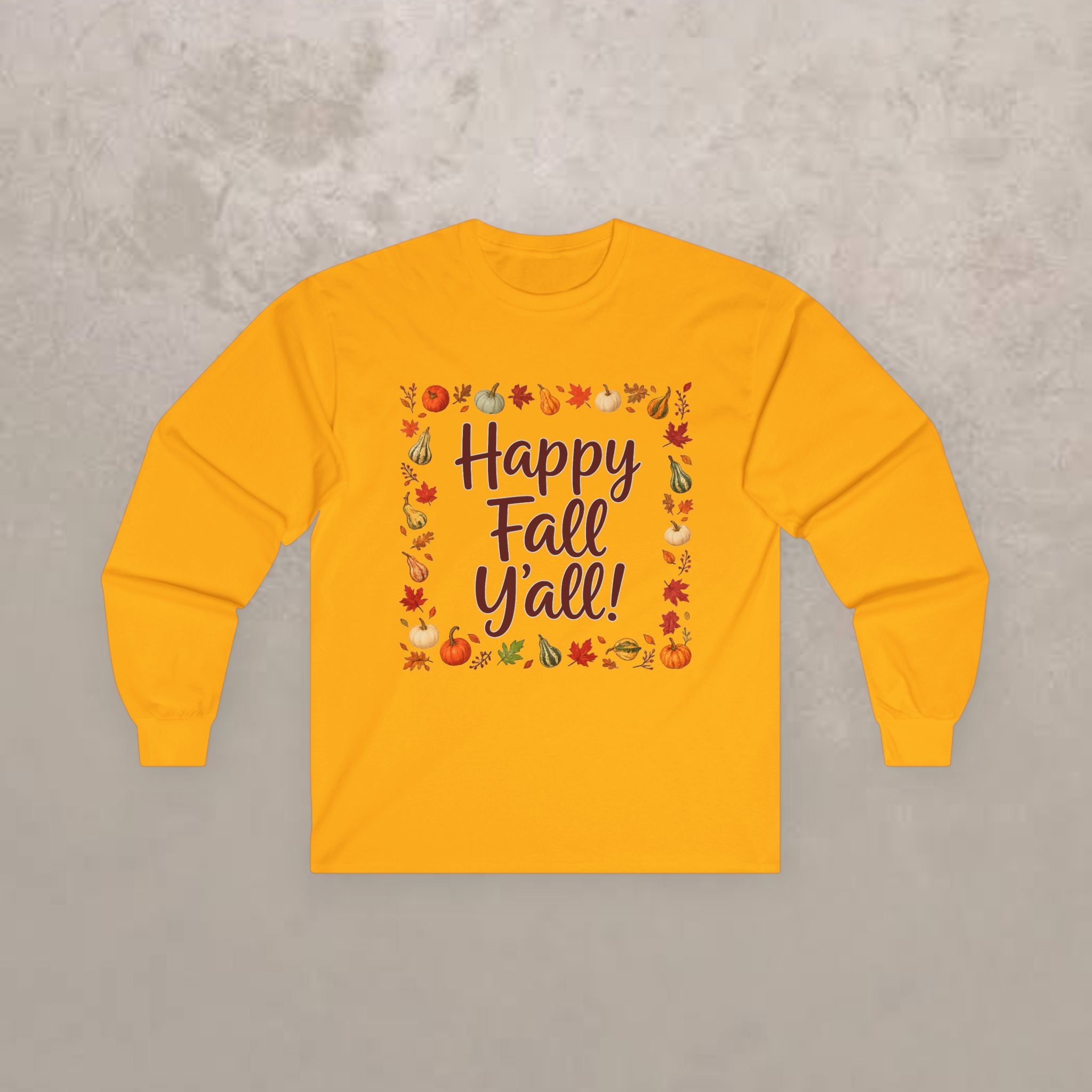 Adult - Happy Fall Y'all - Autumn Leaves Pumpkin Long Sleeve Tee