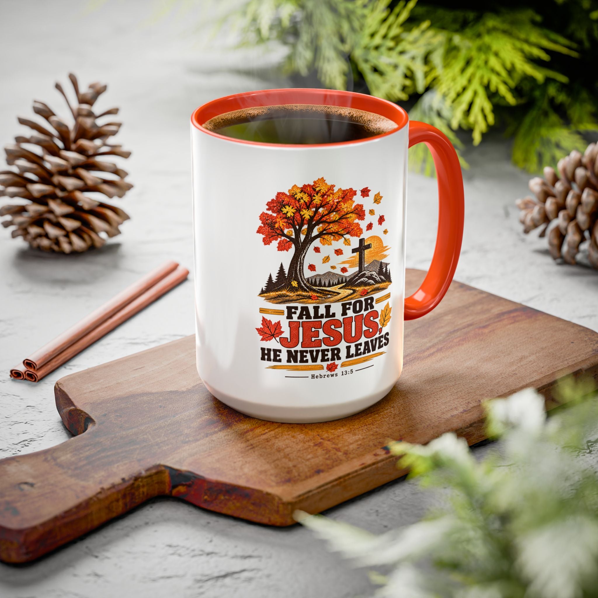 Fall for Jesus - He Never Leaves - Autumn Faith Coffee Cup (11oz/15oz)