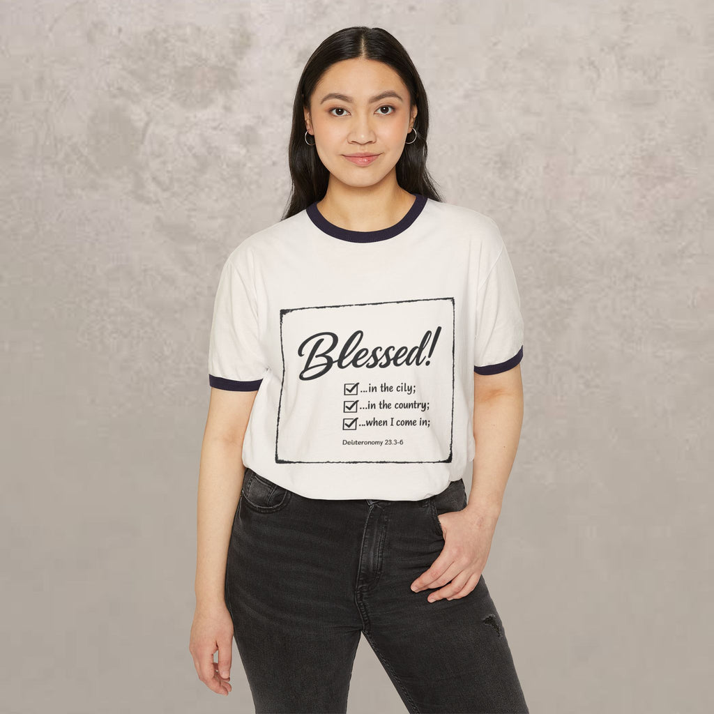 Blessed! Ringer T-Shirt — Christian Faith Graphic Tee (Blessed in the City, Country, Home)